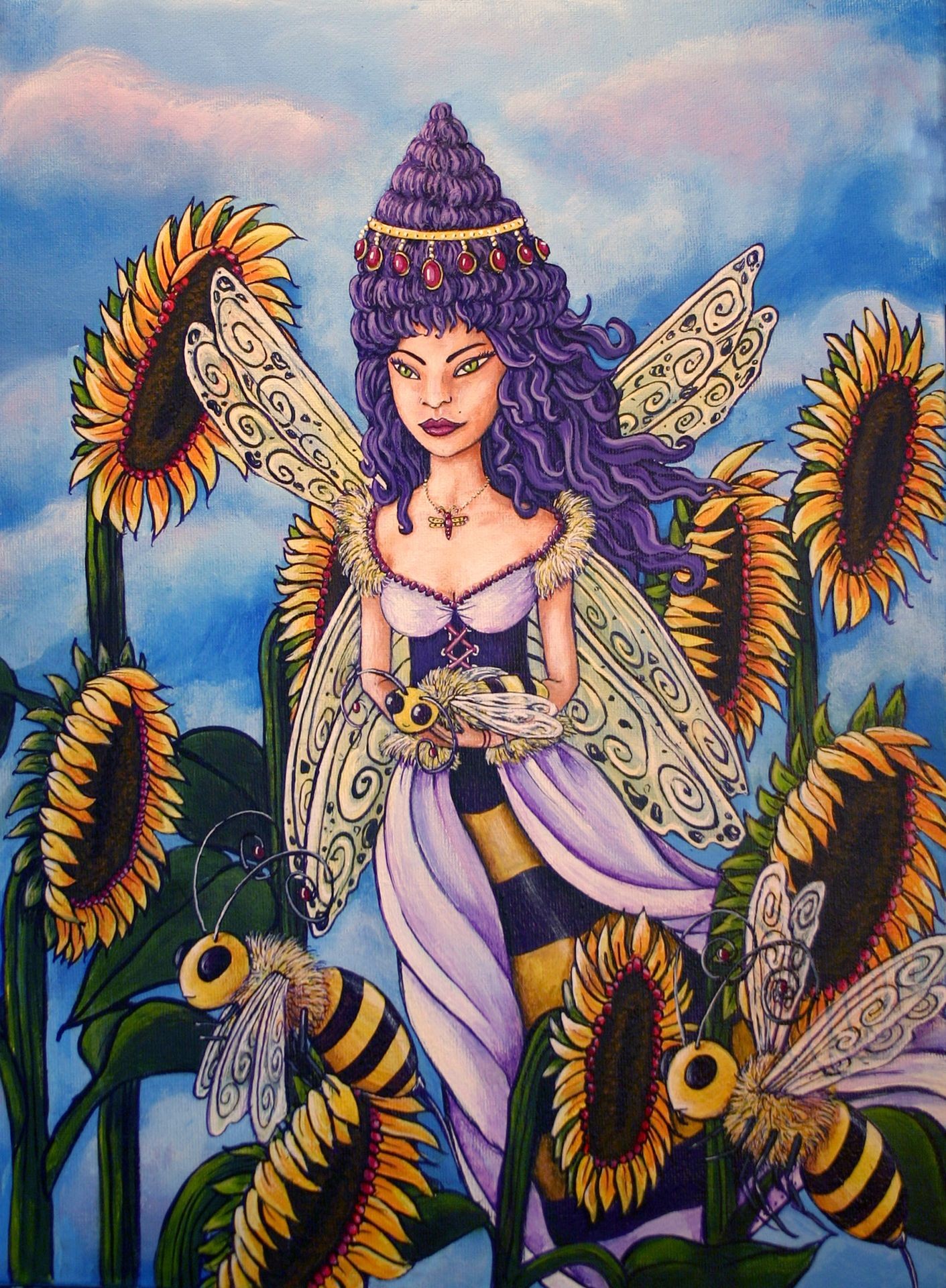Queen bee with sunflowers wings flying