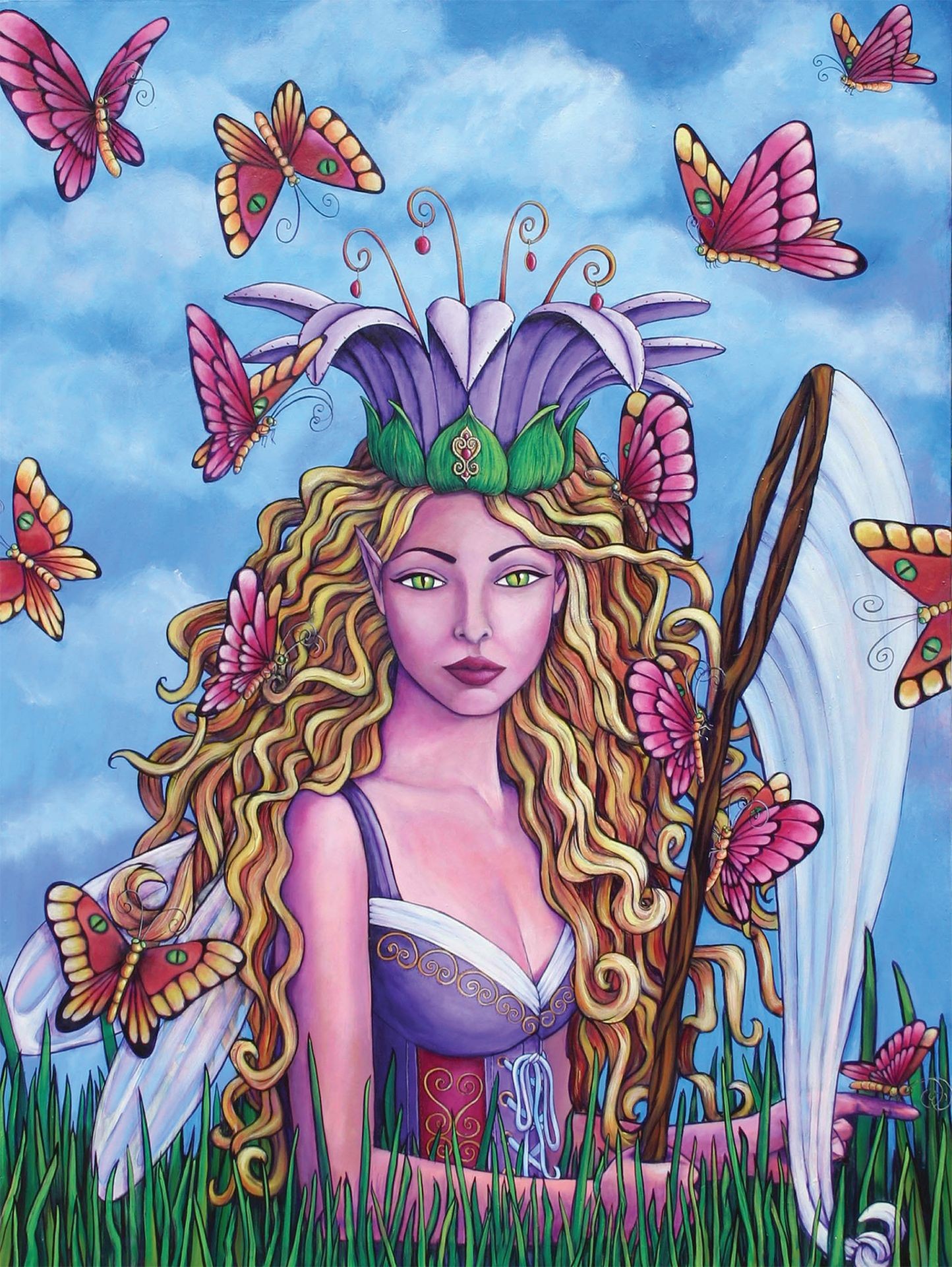 Spring fairy with butterflies with flower crown